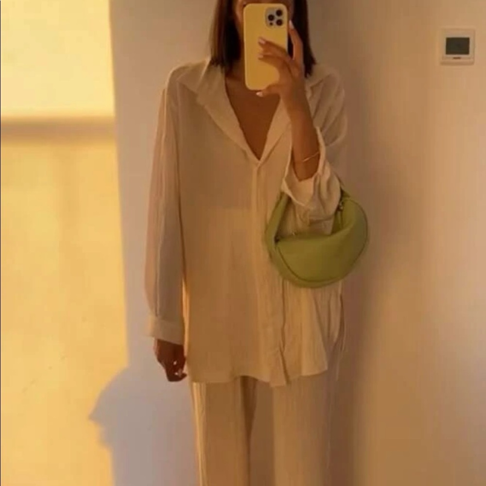 Shirt Pants 2 PC SET wide leg loose button collar spring summer womens cream - Picture 7 of 13